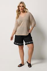 YOURS Plus Size Black Floral Embroidered Hem Shorts | Yours Clothing 1