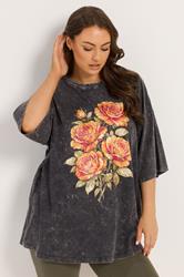 YOURS Plus Size Grey Acid Wash Rose Boxy T-Shirt | Yours Clothing 3