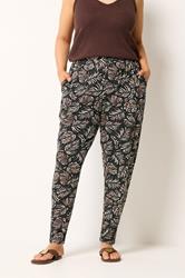 YOURS Plus Size Black Leaf Print Double Pleat Harem Trousers | Yours Clothing 3