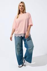 LIMITED COLLECTION Plus Size Pastel Pink Lace Trim T-Shirt | Yours Clothing 1