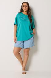 YOURS Plus Size Turquoise Blue Embroidered Fruit T-Shirt | Yours Clothing 1