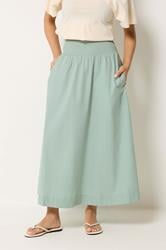 PixieGirl Petite Women's Sage Green Poplin Shirred Cotton Maxi Skirt | PixieGirl 1