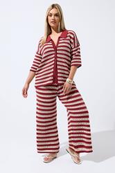 LIMITED COLLECTION Plus Size Burgundy Red Stripe Crochet Wide Leg Trousers | Yours Clothing 3
