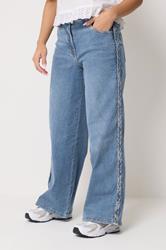 PixieGirl Petite Women's Mid Blue Plait Detail Wide Leg Jeans | PixieGirl 1