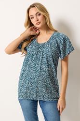 M&Co Navy Blue Leaf Print Cotton Scoop Neck Top | M&Co 1
