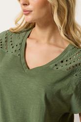 M&Co Khaki Green Broderie V-Neck Cotton T-Shirt | M&Co 4