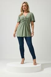 YOURS LONDON Plus Size Sage Green Knot Detail Front Short Sleeve Top | Yours Clothing 1