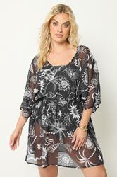 YOURS Plus Size Black Beach Print Mesh Flower Print Beach Kaftan | Yours Clothing 1