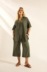YOURS Plus Size Olive Green Cropped Linen Trousers | Yours Clothing 3