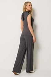 LTS Tall Women's Set Grey Tie Back Ribbed Top & Wide Leg Trousers | Long Tall Sally 2