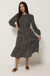 M&Co Petite Black Floral Long Sleeve Ruffle Dress | M&Co 1