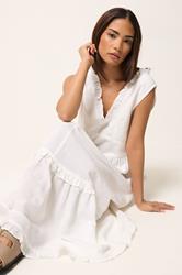PixieGirl Petite Women's White Ruffle Tie Back Midi Dress | PixieGirl 1
