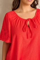EVANS Plus Size Red Broderie Sleeve Tie Neck Blouse | Evans 4