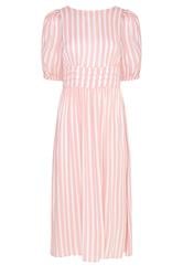 PixieGirl Petite Women's Pink Stripe Puff Sleeve Midi Dress | PixieGirl 5