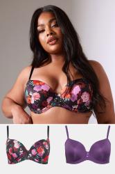 Plus Size 2 Pack Black & Red Floral Padded Underwired T-Shirt Bras