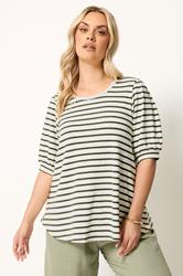YOURS Plus Size White & Green Stripe Knitted Puff Sleeve Top | Yours Clothing 3