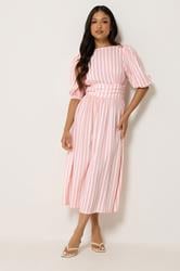 PixieGirl Petite Women's Pink Stripe Puff Sleeve Midi Dress | PixieGirl 1