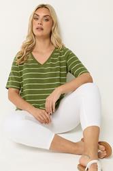 YOURS Plus Size Khaki Green Stripe T-Shirt | Yours Clothing 3