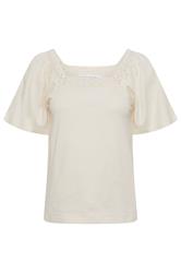 PixieGirl Petite camiseta para mujer con mangas acampanadas y ribete de ganchillo en blanco marfil