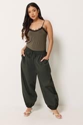 PixieGirl Petite Women's Olive Green Cotton Cuffed Balloon Trousers | PixieGirl 3