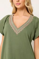 M&Co Khaki Green Embroidered Trim Cotton Cotton T-Shirt | M&Co 4