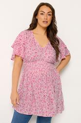 YOURS Plus Size Pink Ditsy Print Flutter Sleeve Top | Yours Clothing 3