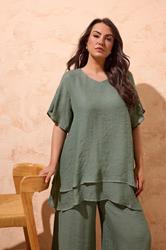 EVANS Plus Size Khaki Green Double Layer Top | Evans 3
