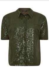 PixieGirl Petite Khaki Green Sequin Embellished Short Sleeve Shirt
