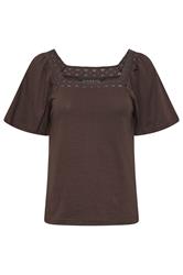 PixieGirl Petite Chocolate Brown Crochet Trim Flutter Sleeve Cotton T-Shirt