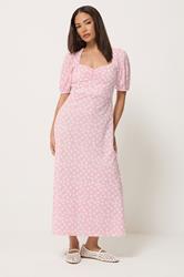 PixieGirl Petite Women's Pink Floral Ruched Midi Dress | PixieGirl 3