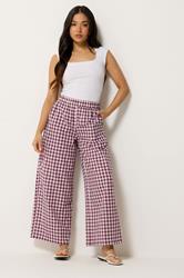 PixieGirl Petite Women's Burgundy Red Gingham Cotton Wide Leg Trousers | PixieGirl 3