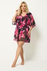 YOURS Plus Size Black & Pink Mesh Flower Print Beach Kaftan | Yours Clothing 1