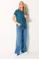 LTS Tall Women's Teal Blue Broderie Anglaise Front T-Shirt | Long Tall Sally 1