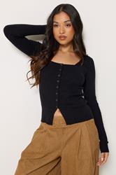 PixieGirl Petite Women's Black Ribbed Button Scoop Neck Jumper | PixieGirl  3