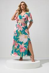 YOURS LONDON Plus Size Teal Floral Print Maxi Wrap Dress | Yours Clothing 2