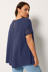 YOURS Plus Size Navy Blue Crochet Cheesecloth Top | Yours Clothing 2