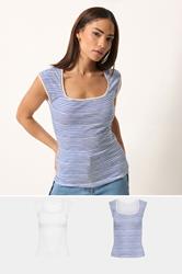 PixieGirl Petite 2 PACK Women's White & Blue Stripe Cotton Vest Top | PixieGirl 3
