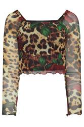 PixieGirl Petite Women's Beige Brown Leopard Print Rose Mesh Top | PixieGirl 4