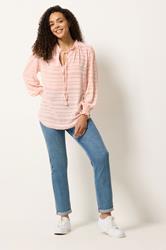 M&Co Pink Textured Stripe Tie Neck Blouse | M&Co 1