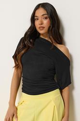 PixieGirl Petite Women's Black Slash Neck Ruched T-Shirt | PixieGirl  3