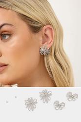 YOURSET 3 PACK Silver Tone Floral Earrings | Yours Clothing 1