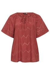 YOURS blusa roja con bordado con calados y lazo en el cuello 