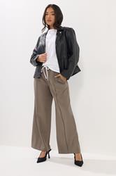 PixieGirl Petite Women's Natural Brown Contrast Waist Wide Leg Trousers | PixieGirl 1