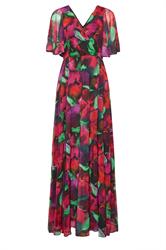 M&Co vestido largo cruzado de malla con estampado floral morado y mangas acampanadas