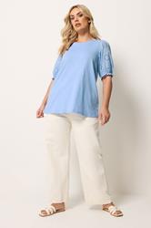 YOURS Plus Size Blue Broiderie Anglaise T-Shirt | Yours Clothing 1