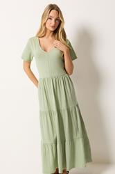 M&Co Sage Green Notch Neck Tiered Cotton Maxi Dress | M&Co 1