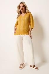 YOURS Plus Size Mustard Yellow Pointelle Knitted T-Shirt | Yours Clothing 1
