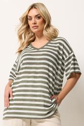 YOURS Plus Size Khaki Green & Ivory White Stripe Knitted T-Shirt | Yours Clothing 3