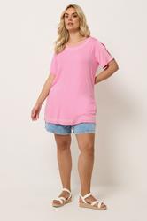 YOURS Plus Size Pink Embroidered Cold Shoulder T-Shirt | Yours Clothing 1