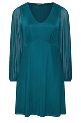 Yours Women's Curve Plus Size Teal Blue Balloon Sleeve Mesh Dress Size 12